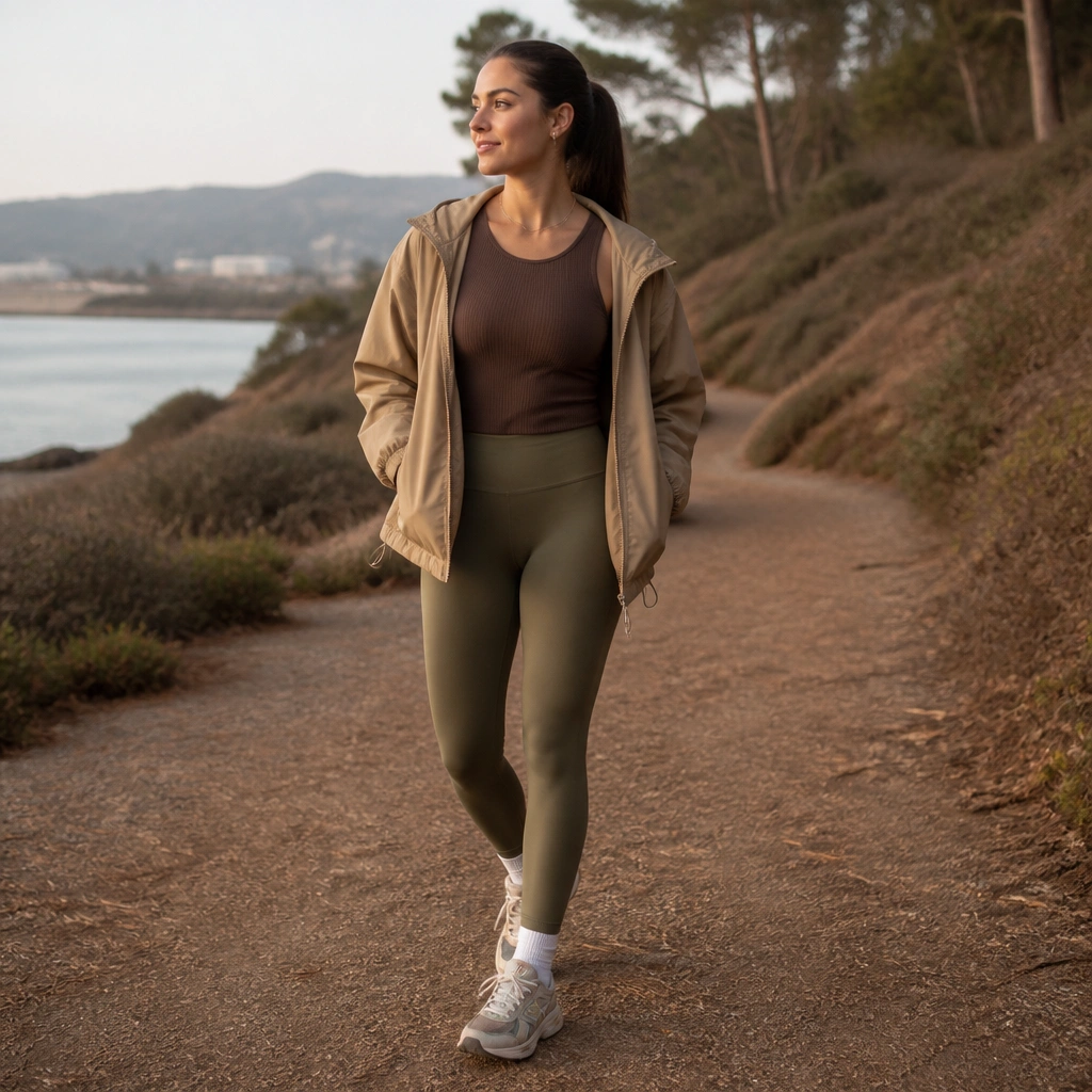 A ribbed brown tank tucked into olive leggings with a tan windbreaker worn open. ASICS sneakers are visible with patterned laces, and the outfit looks styled for a brisk morning walk.