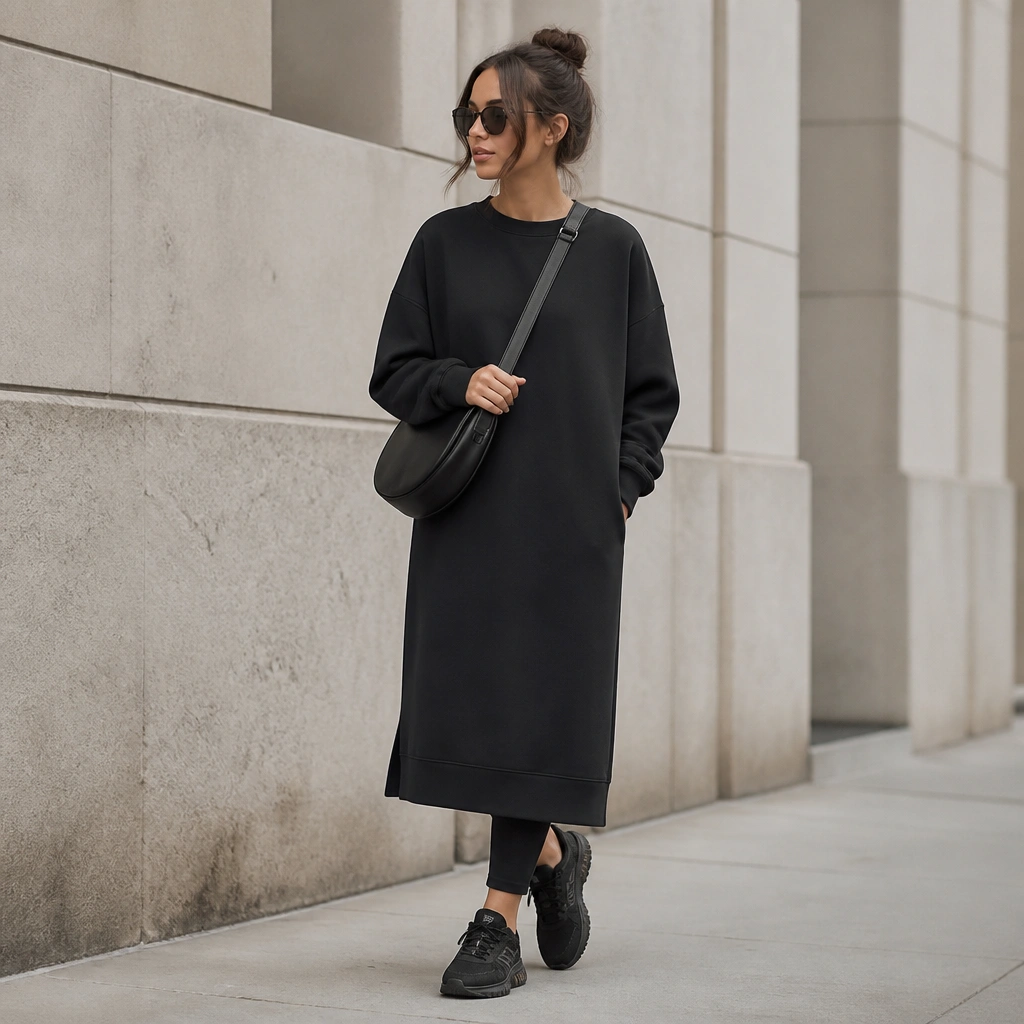 A black oversized sweatshirt dress with dropped shoulders, styled with black leggings peeking slightly at the hem. The model wears matching monochrome ASICS sneakers and a crossbody bag.