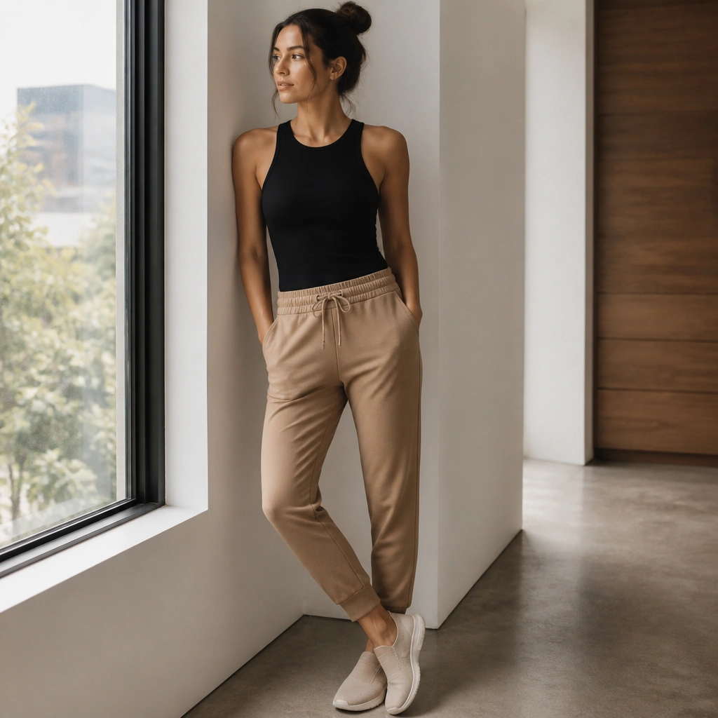 A black seamless tank layered with camel joggers and ASICS slip-on sneakers. The outfit is photographed indoors near a window, showing a smooth, streamlined look.