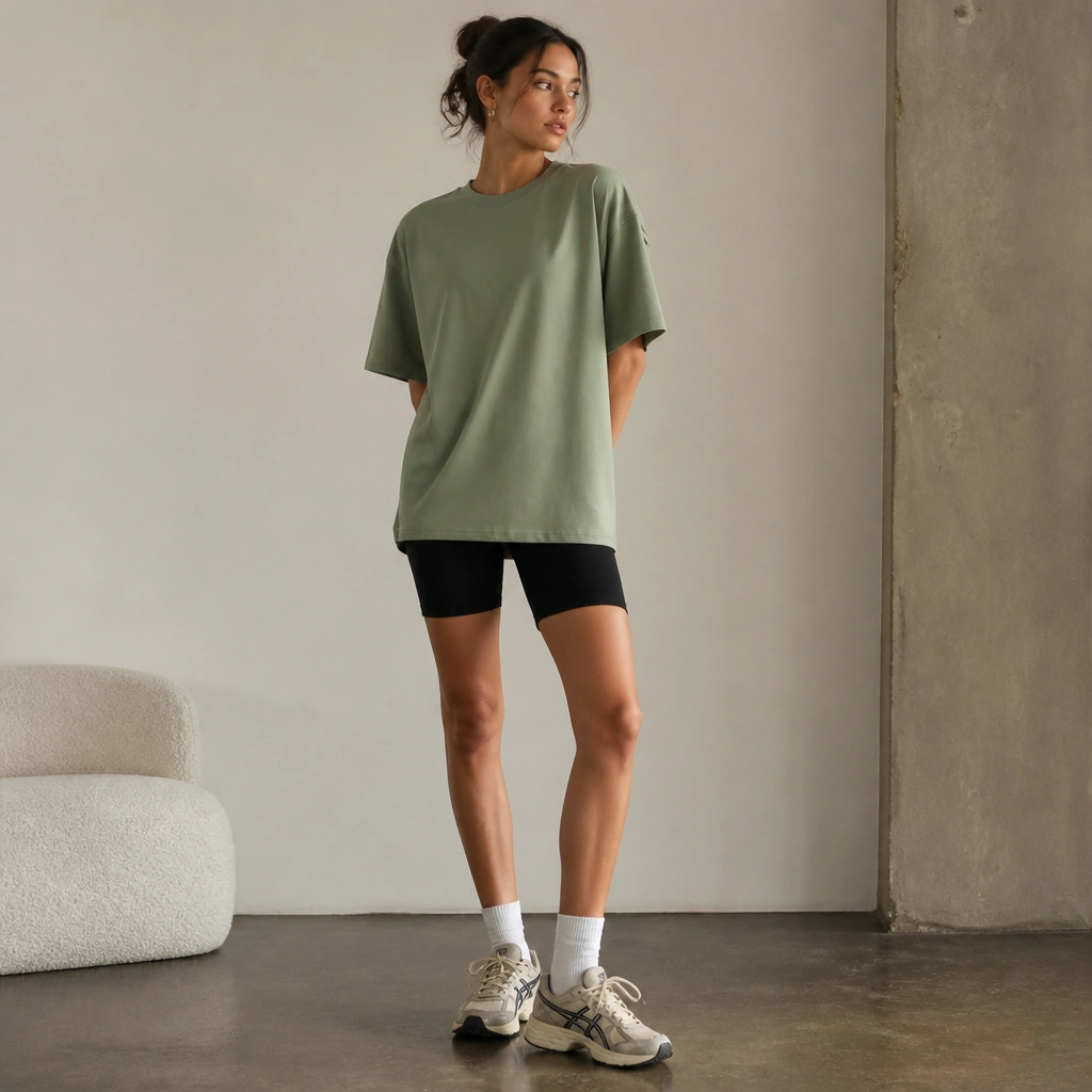 An oversized sage green tee worn with black cycling shorts and ASICS trainer sneakers. The photo shows a relaxed fit with the tee falling loosely over the shorts.
