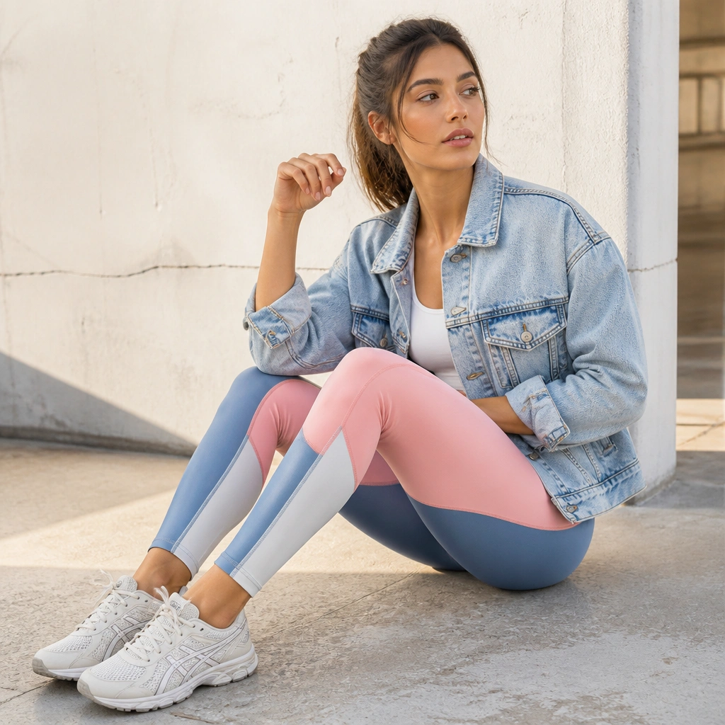A light wash denim jacket worn over a simple top, paired with color-blocked leggings and ASICS sneakers. The outfit looks bright and casual, with denim texture clearly visible.