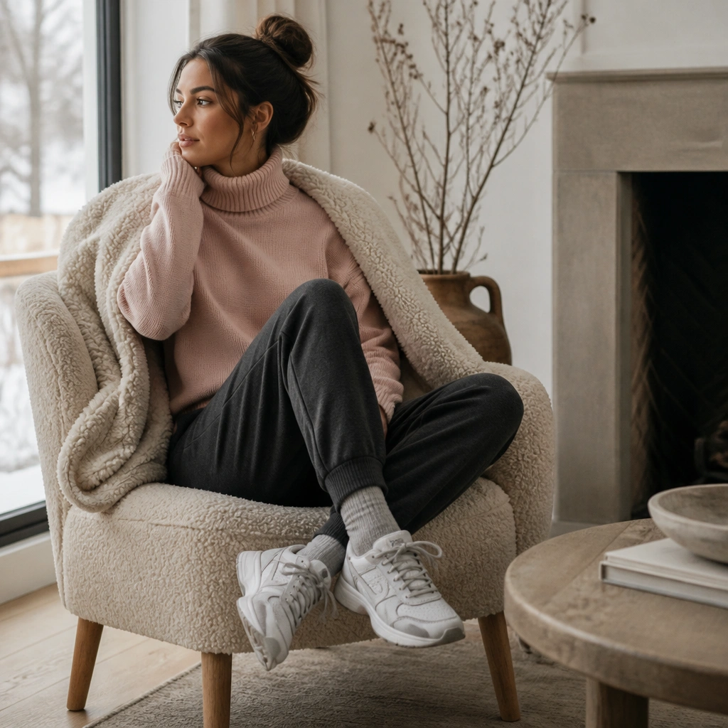 Charcoal fleece joggers paired with a soft pink turtleneck sweater and white/gray ASICS sneakers. The image shows a cozy winter layering effect and warm tones.