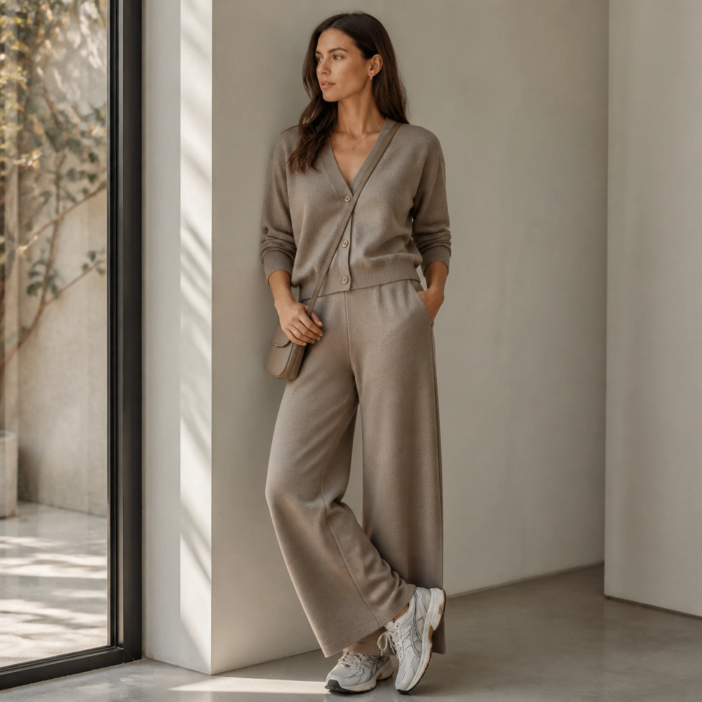 A taupe cardigan and matching wide-leg trousers worn together, styled with white ASICS Gel sneakers; minimal jewelry and a small crossbody bag.