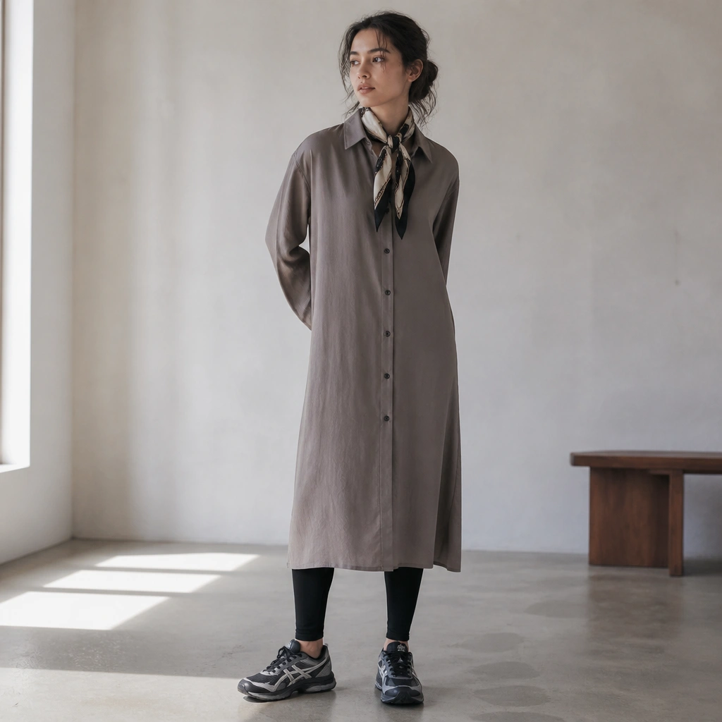 A longline button-front shirt dress worn over black leggings, with a patterned scarf tied at the neck; ASICS Gel sneakers in black and grey.