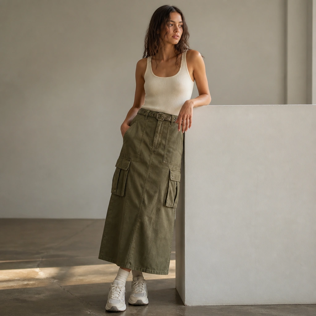 An olive green cargo skirt with visible pockets, a ribbed cream tank tucked in, and a snap-on belt; ASICS Gel sneakers in off-white.