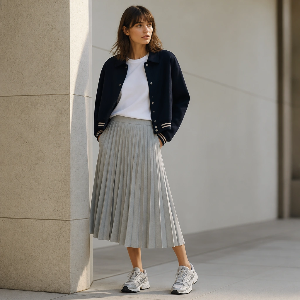 A white graphic-free tee paired with a light grey pleated midi skirt; a cropped stadium jacket sits open over it; ASICS Gel sneakers with light grey soles.