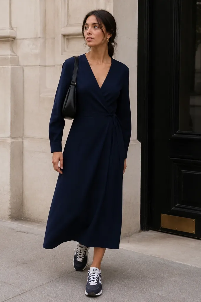 A dark navy wrap dress with a removable tie at the waist, worn with ASICS Gel sneakers in navy/white; small hoop earrings and a simple shoulder bag.