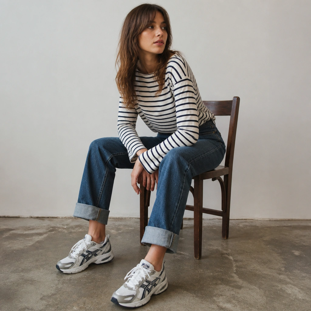 A navy-and-white striped long-sleeve top tucked into straight-leg jeans with rolled cuffs; ASICS Gel sneakers in white with navy accents.