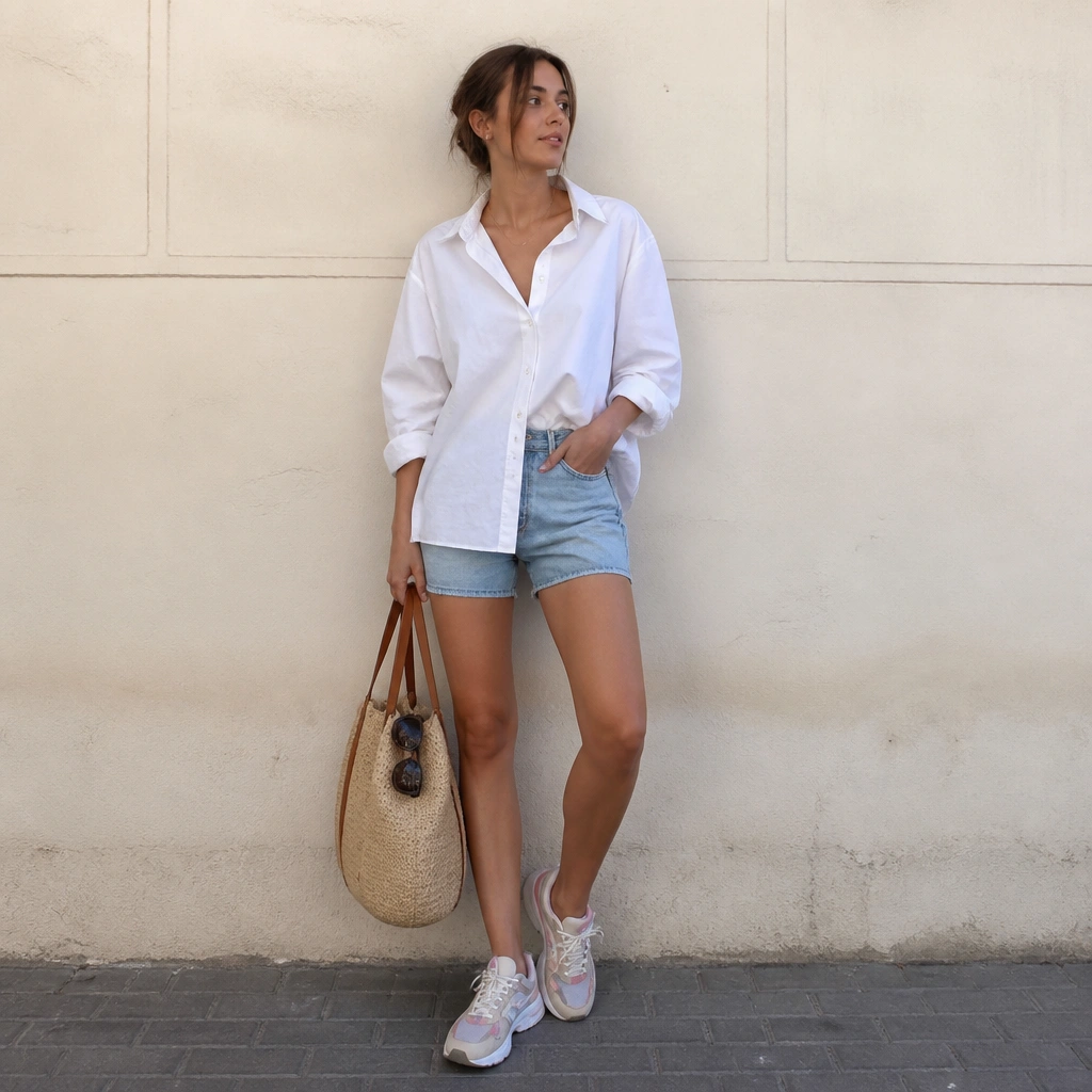 A white oversized button-down worn half-tucked over light wash denim shorts; ASICS Gel sneakers in pastel tones; sunglasses on top of the bag.