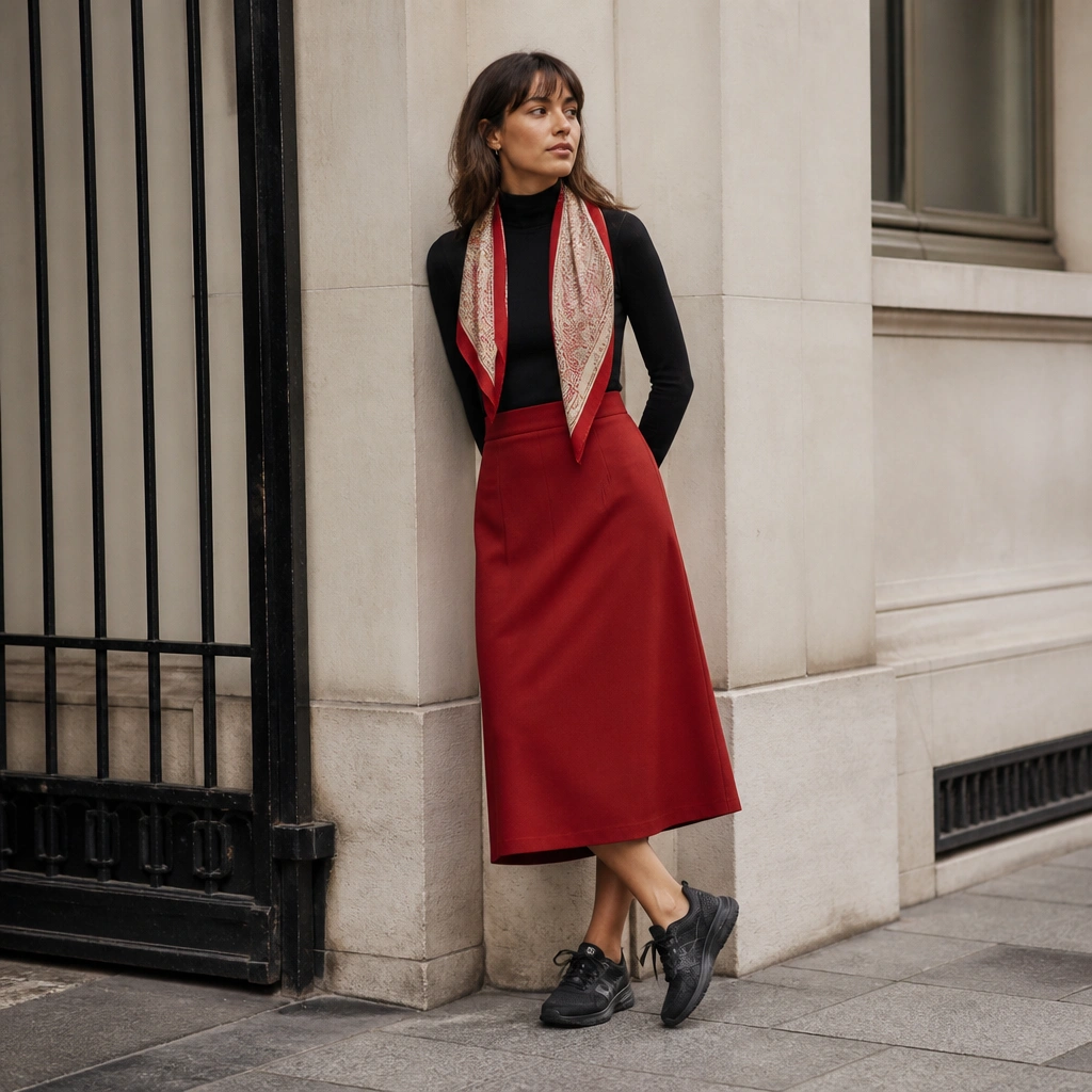 A fitted black turtleneck tucked into a red midi skirt; a red-and-cream scarf is loosely draped around the neck; ASICS Gel sneakers in black.