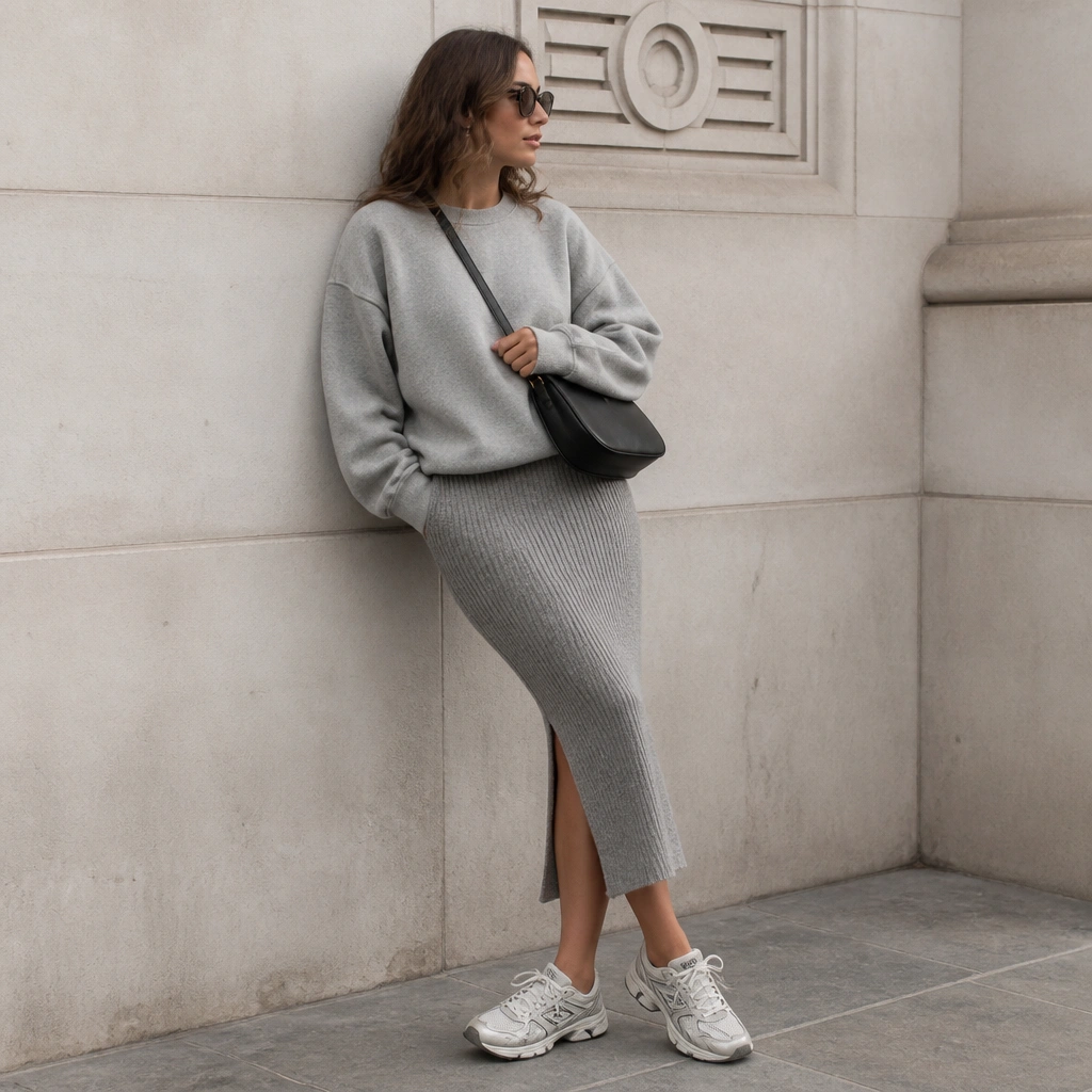 A heather grey sweatshirt worn with a fitted knit skirt; the outfit is styled with ASICS Gel sneakers and a crossbody bag.