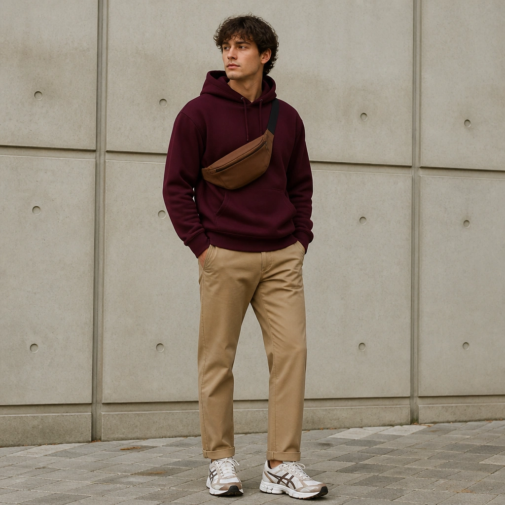 A burgundy hoodie paired with tan chinos, styled with ASICS Gel sneakers in white/brown tones; a belt bag sits crossbody.