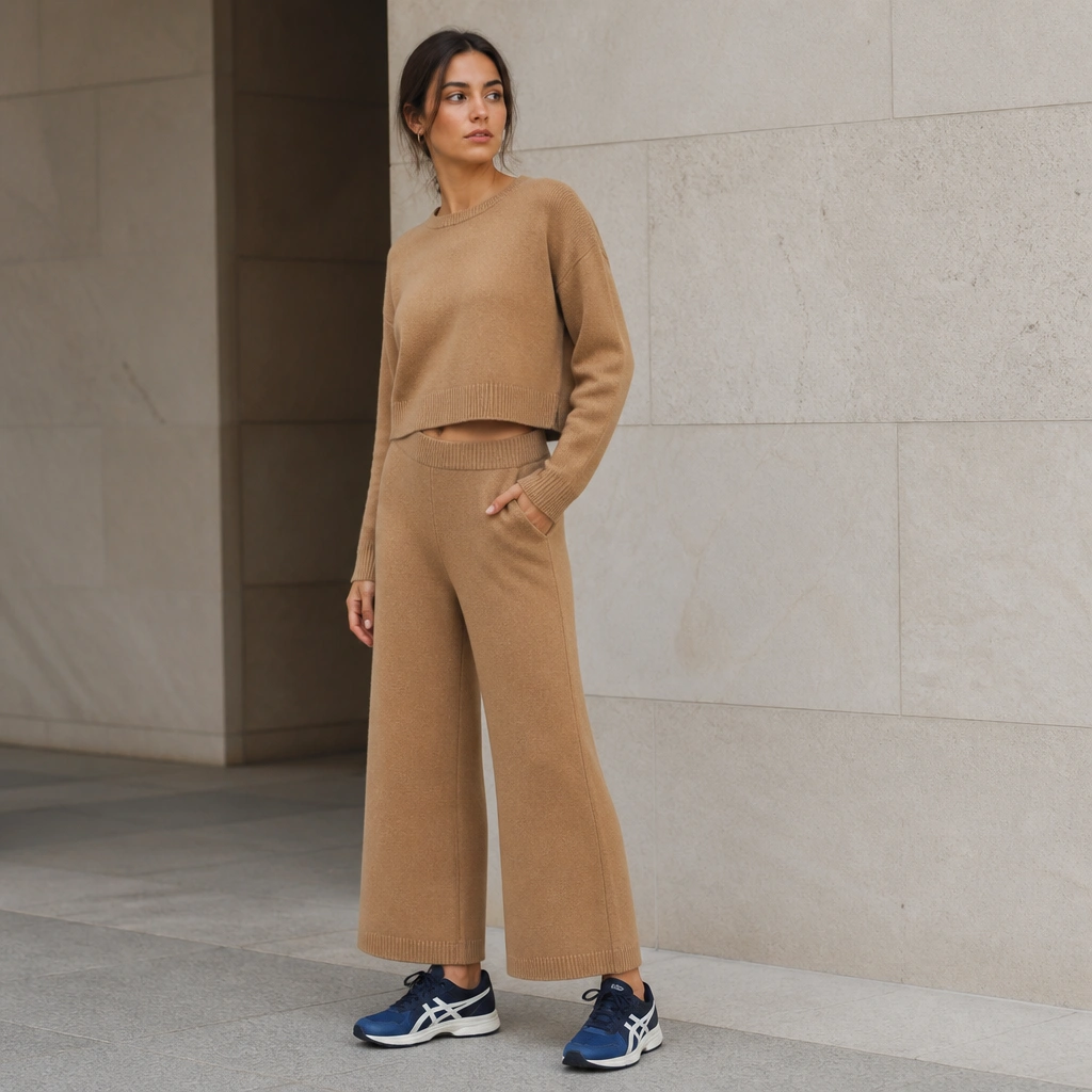 A full-body shot of a woman in navy ASICS paired with a camel knit matching set; the pants are wide-leg and ankle-length, with a slightly cropped knit top.