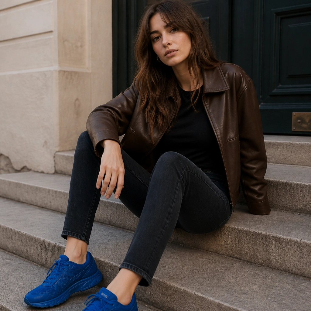 A close-to-mid shot of a woman wearing cobalt ASICS with a chocolate brown faux leather jacket and a fitted black tee; the pants are slim dark denim.