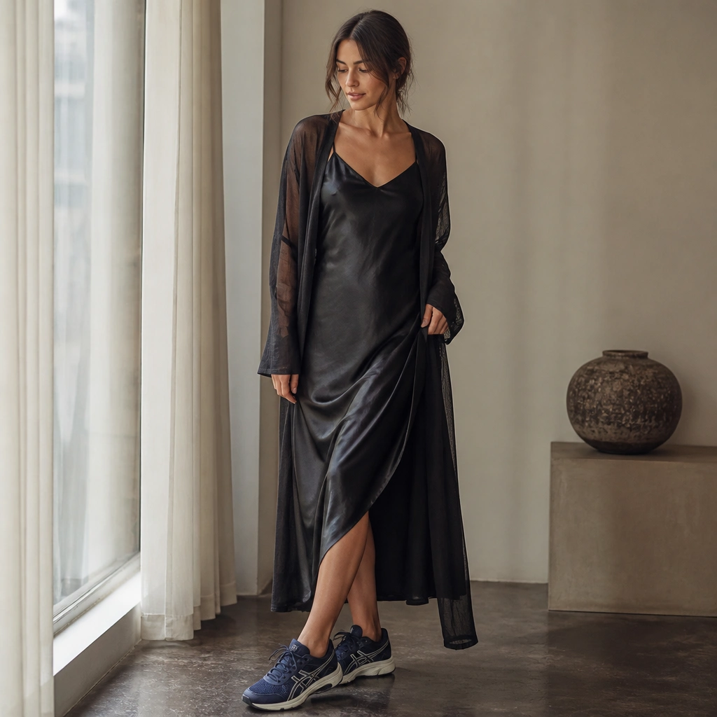 A woman stands in a black satin slip dress with navy-blue ASICS; she wears a sheer long cardigan over it, and the camera captures the soft shine of the dress.