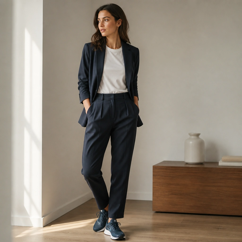 A professional-looking outfit: blue ASICS on a woman with a tailored navy blazer, a white top, and high-waist tapered trousers; the photo is taken indoors with a clean background.