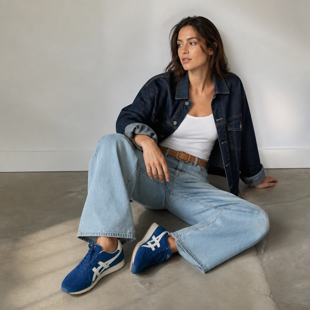A woman wearing cobalt ASICS with a dark denim jacket and light wash wide-leg jeans; the outfit is styled with a white tank and a tan belt.