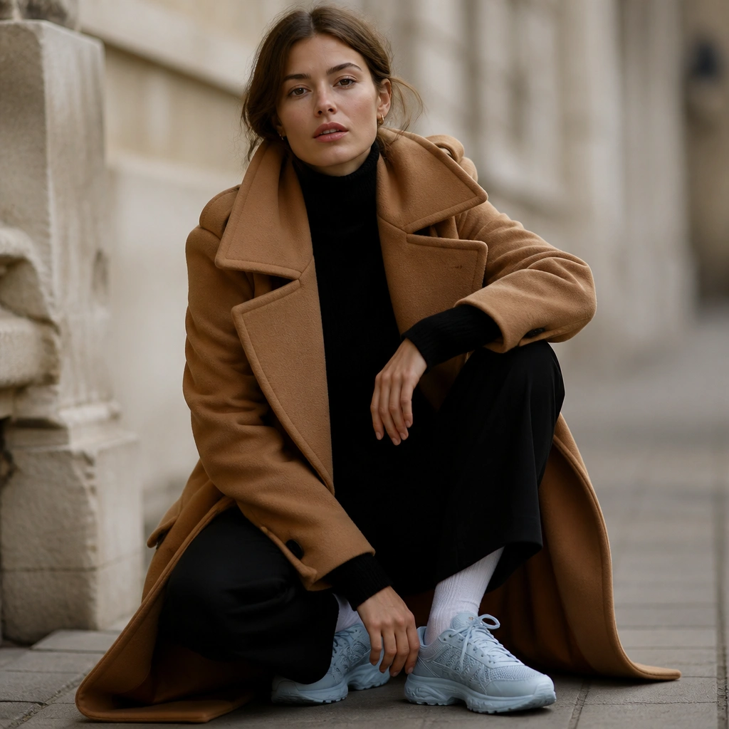 A woman in a camel wool-blend long coat over a fitted black turtleneck, wearing powder-blue ASICS; the photo shows the coat collar framing the face.