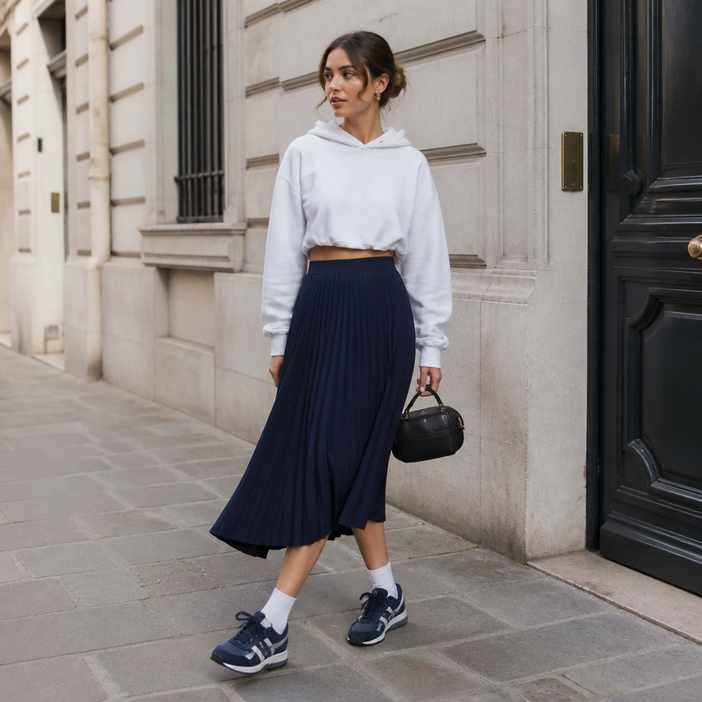 A street-style shot of navy ASICS paired with a white cropped hoodie and a navy pleated midi skirt; the look includes white socks and a structured mini bag.