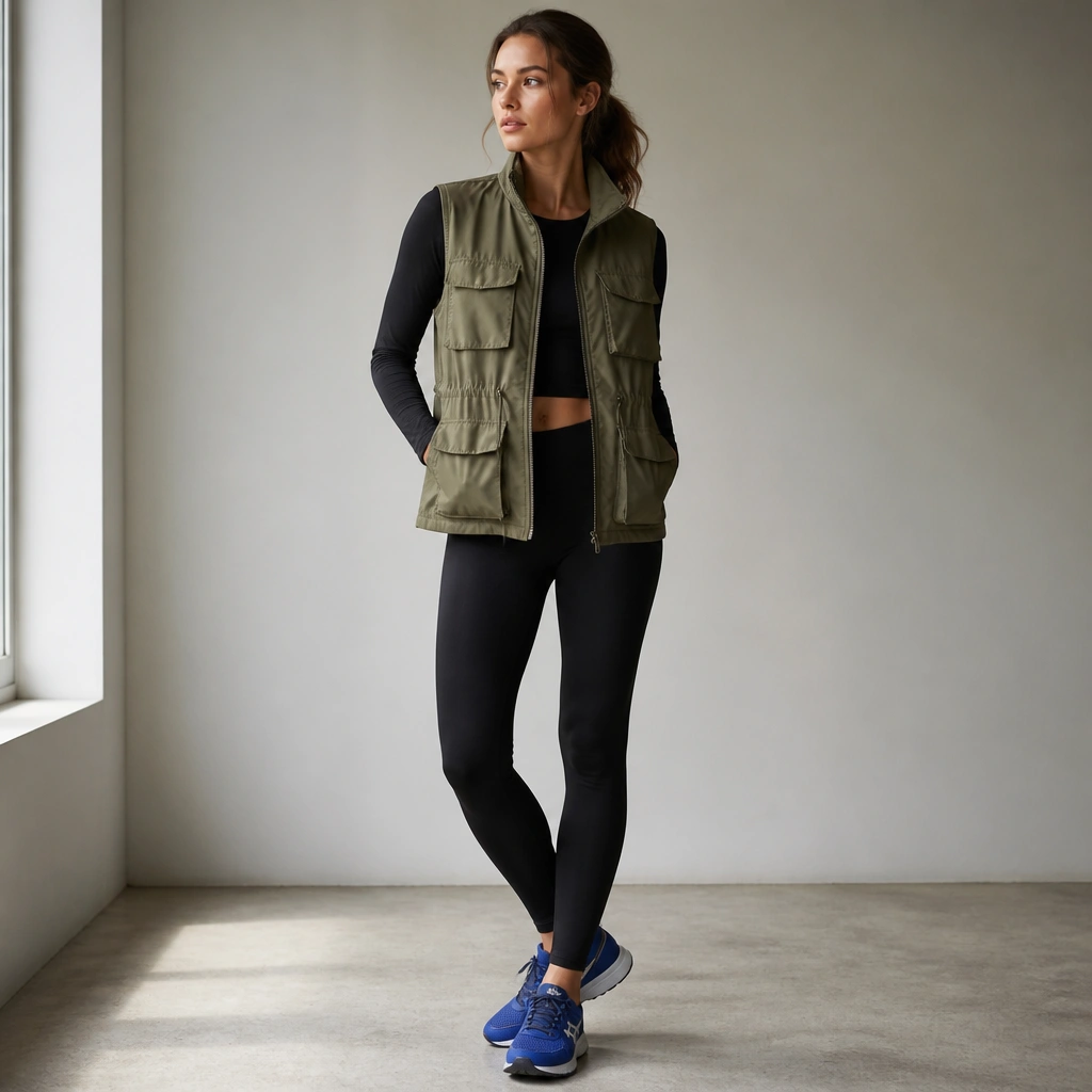 A woman wears cobalt ASICS with an olive utility vest over a black fitted top and black leggings; the photo highlights the vest pockets and structured seams.