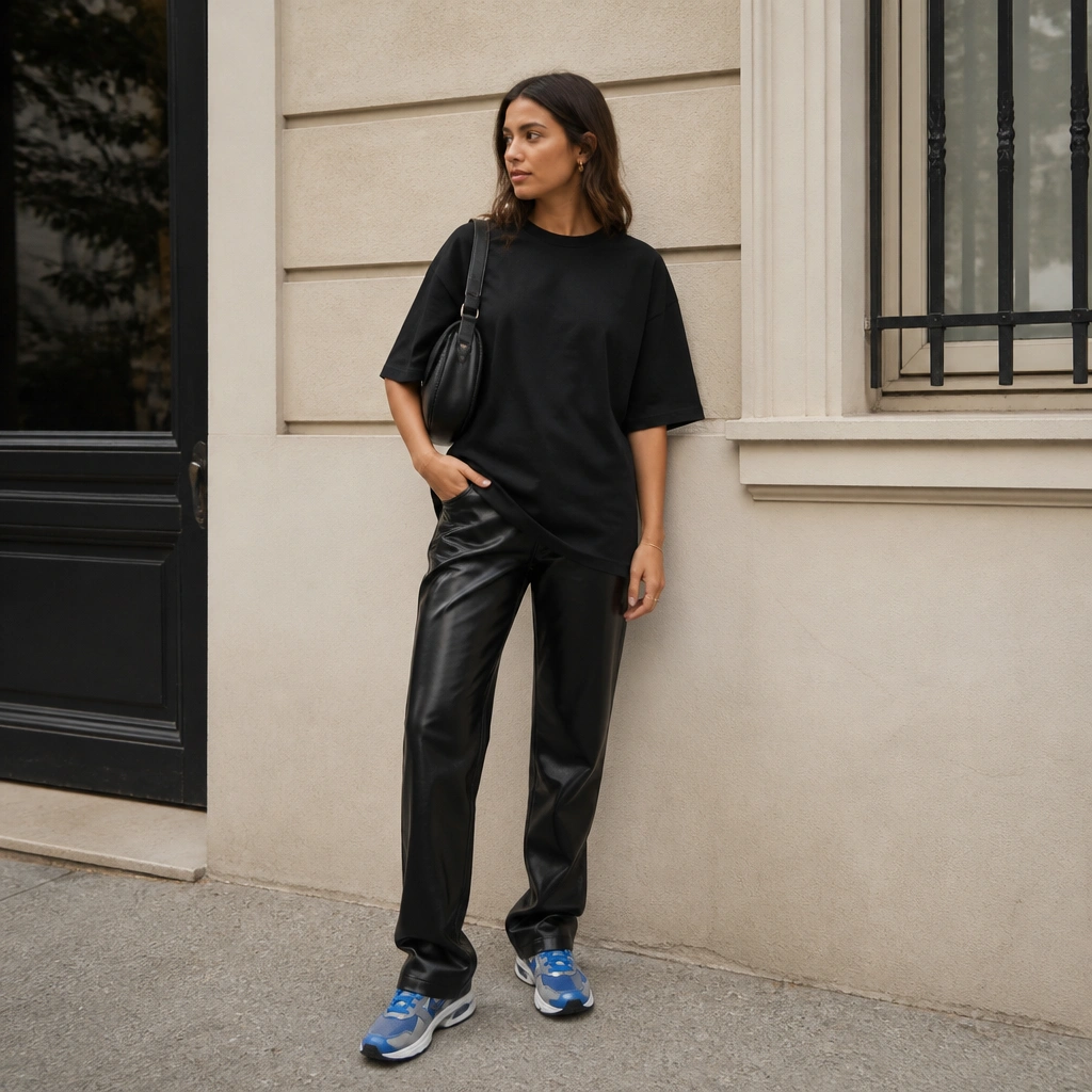 A full-body image of a woman in blue ASICS with a longline black tee and glossy vegan leather pants; the styling includes a black shoulder bag and minimal jewelry.