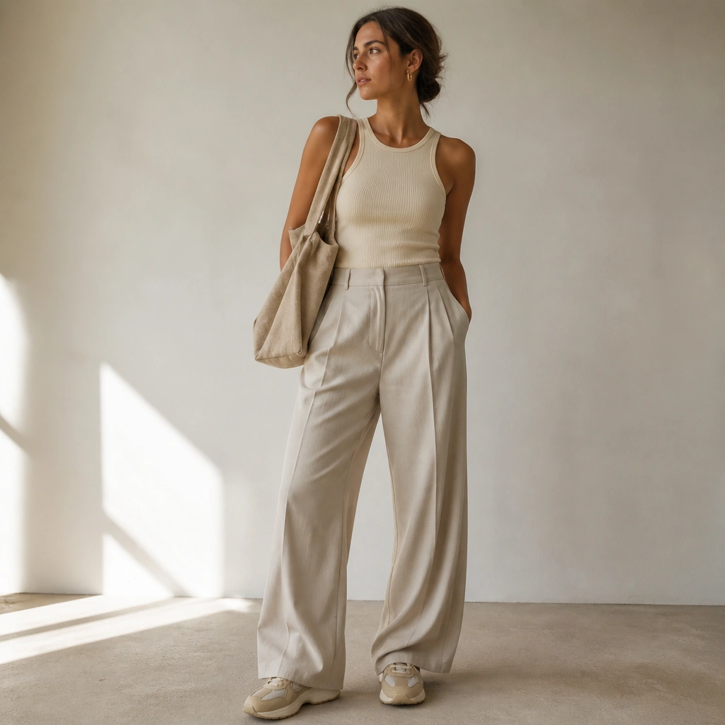 Cream ribbed tank top worn with stone-colored wide-leg trousers; sand-toned ASICS sneakers; natural linen tote and small gold hoop earrings.