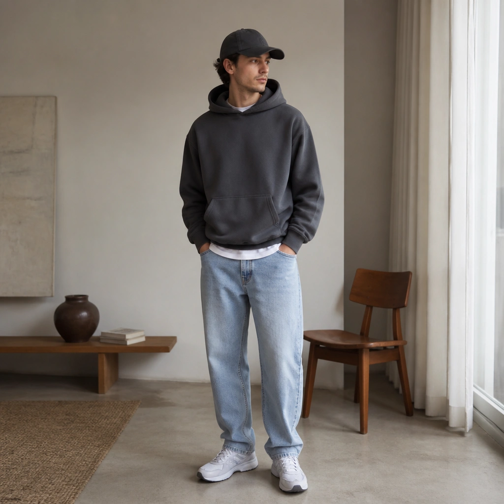 Charcoal hoodie layered over a white tee; light wash straight jeans; white ASICS sneakers; relaxed stance with a sleek baseball cap.