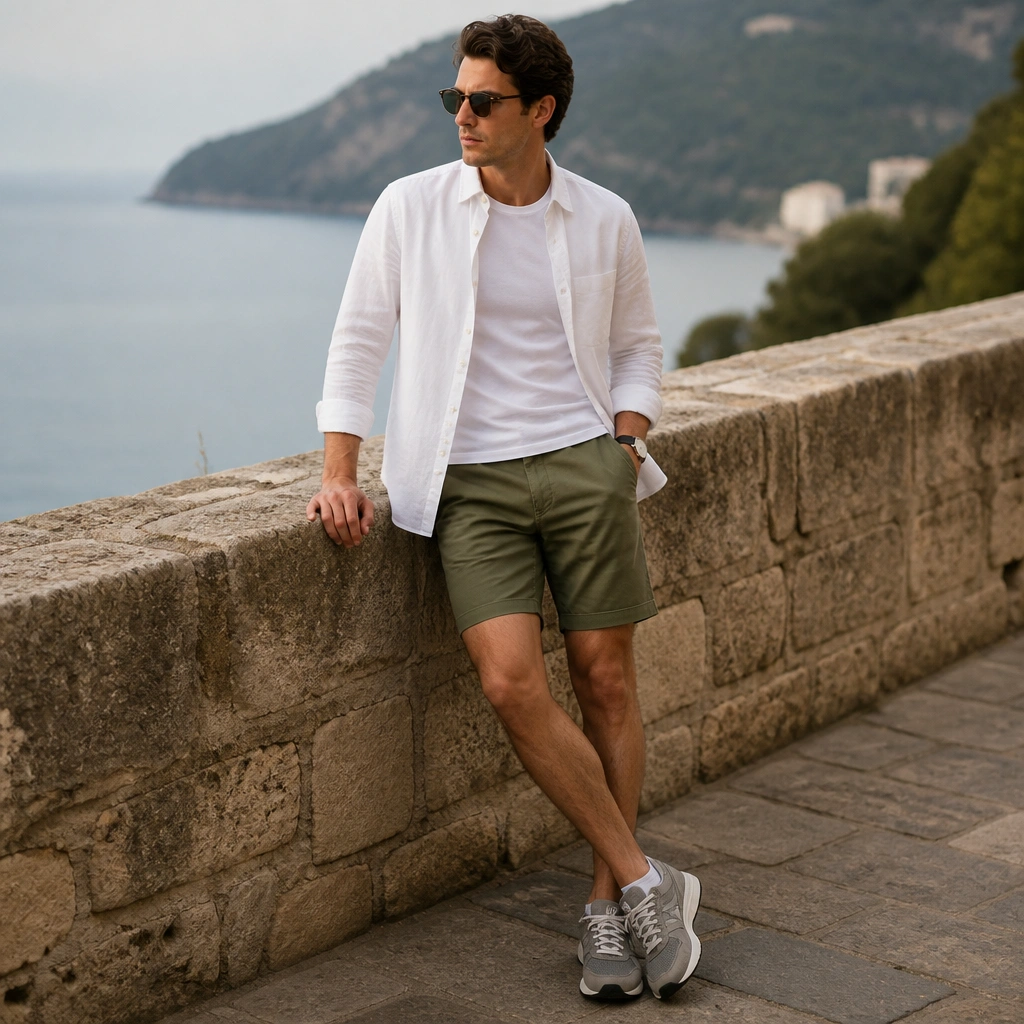 White poplin button-down partially open over a fitted white tee; olive chino shorts; grey ASICS sneakers; sunglasses and a minimal watch.