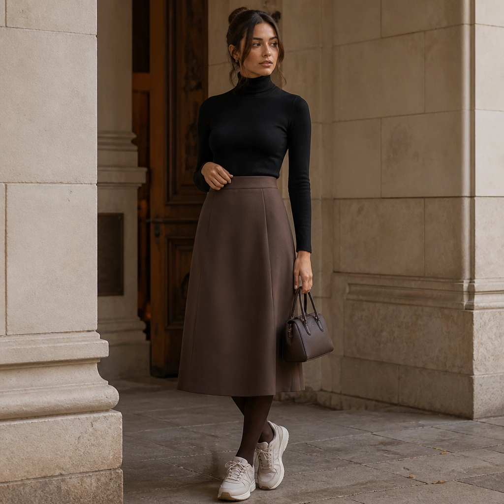 Black fitted turtleneck tucked into a mocha-brown midi skirt with a subtle A-line shape; cream ASICS sneakers; dark tights and a structured mini bag.