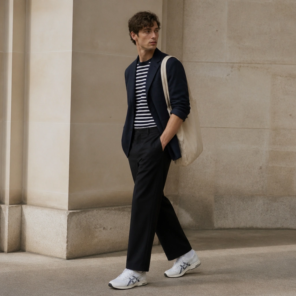 Navy blazer over a navy-and-white striped tee; straight trousers in off-black; white ASICS sneakers; minimal tote with rolled sleeves.