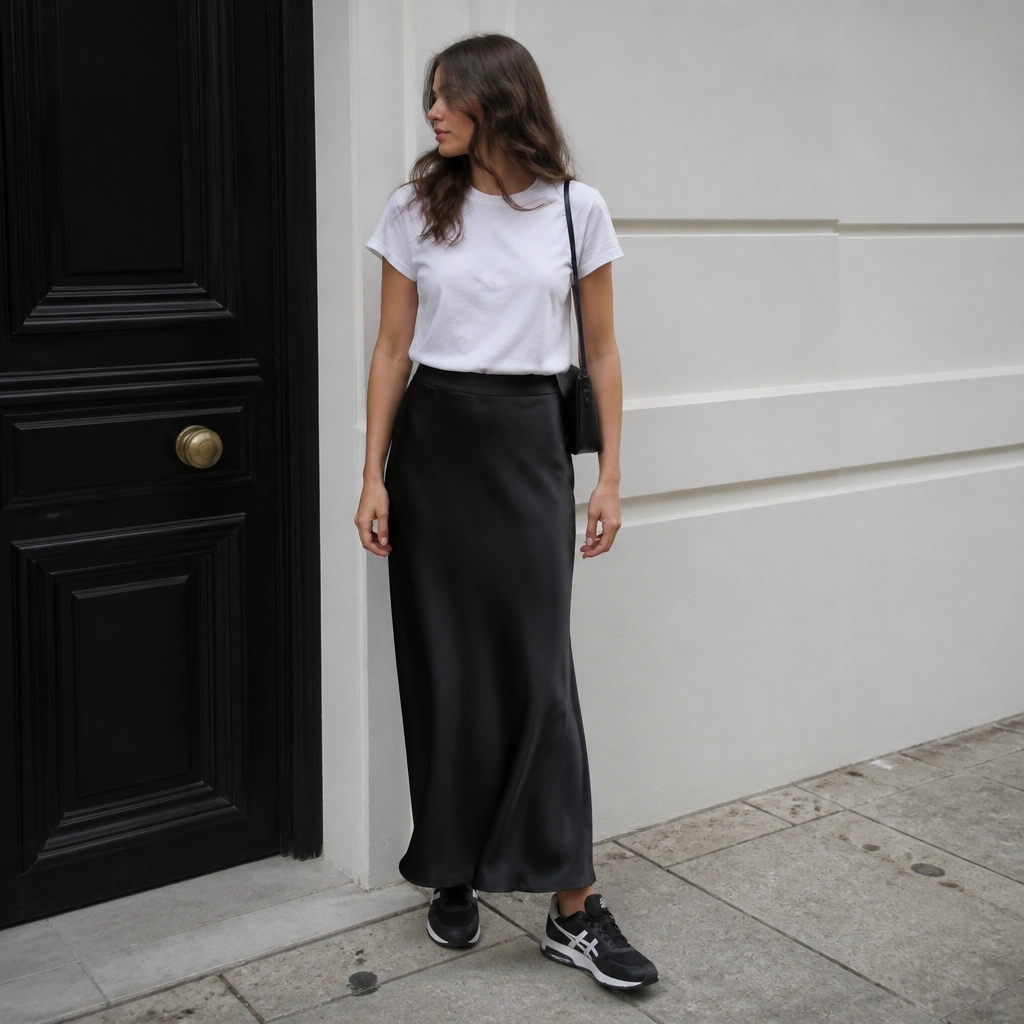Simple white crew tee tucked into a black satin-like slip skirt; monochrome black-and-white ASICS sneakers; thin shoulder strap bag.
