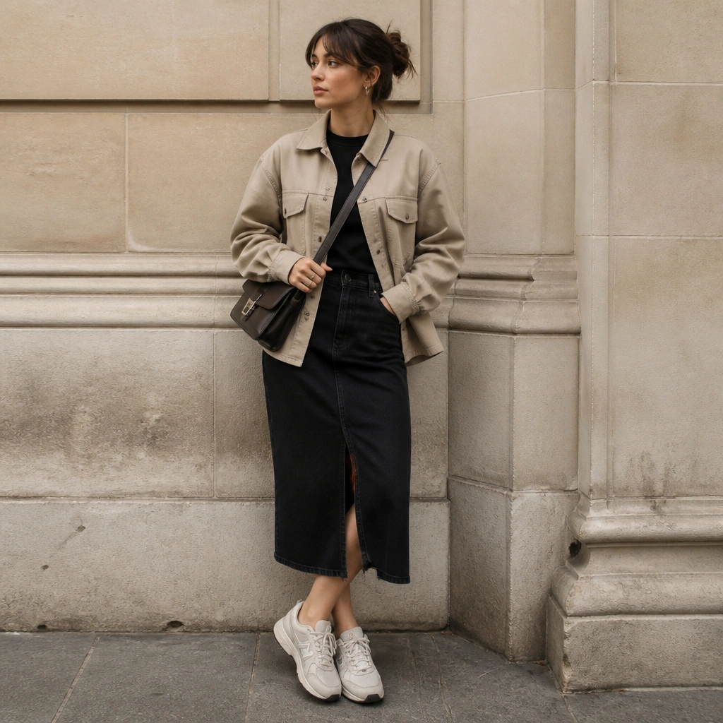 Sand utility overshirt layered over a black top; black denim midi skirt; off-white ASICS sneakers; minimal silver earrings and a crossbody.