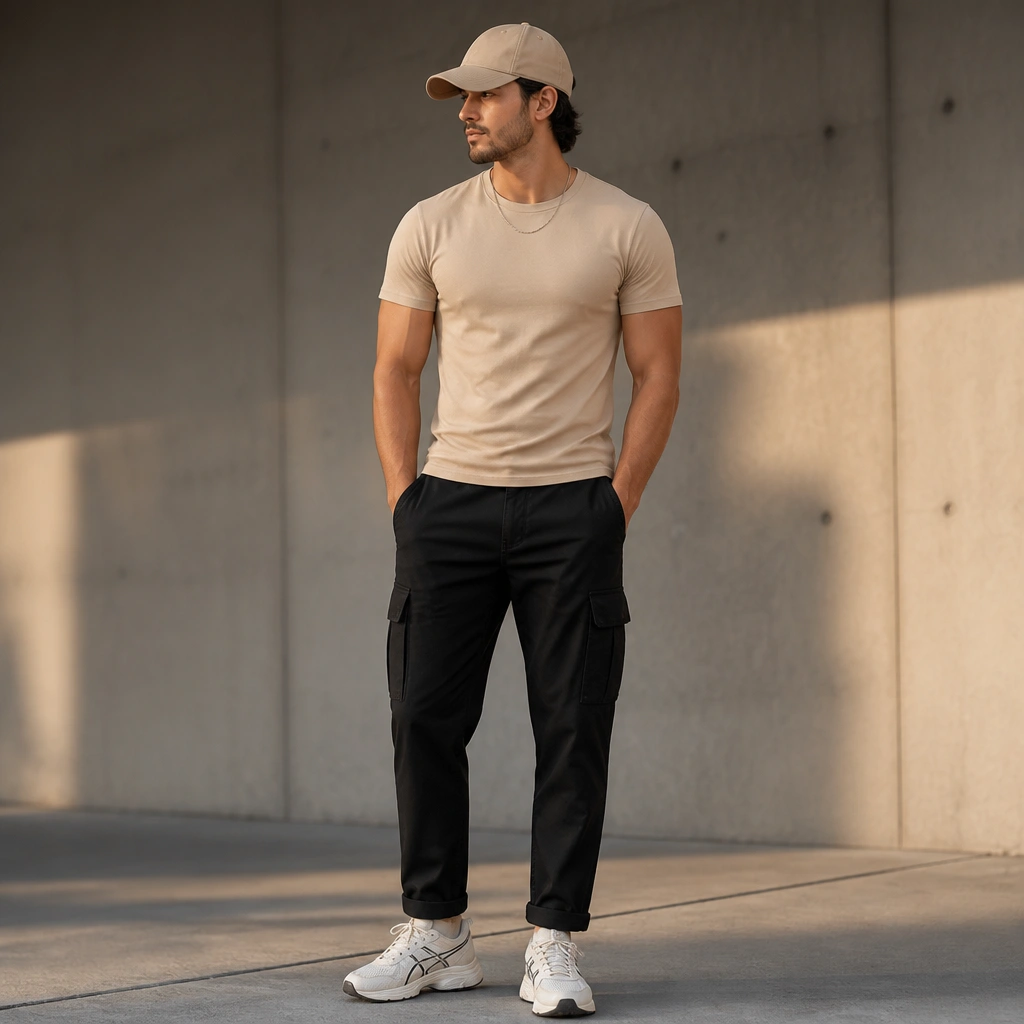 Slim black cargo pants paired with a beige fitted tee; white ASICS sneakers; clean chain necklace and simple cap; cropped hem shows shoe profile.