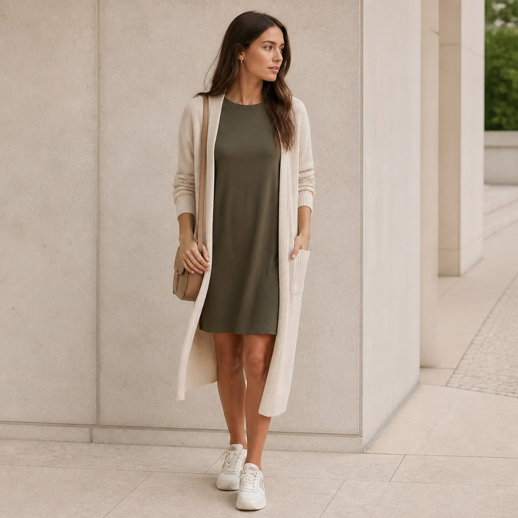 Olive t-shirt dress worn with a longline cardigan in neutral cream; white ASICS sneakers; minimal jewelry and a long strap bag.