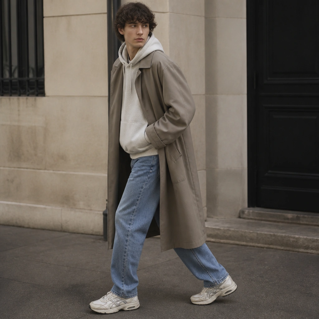 Person in a light stone hoodie layered under a long taupe trench coat, straight-leg blue jeans, and cream-toned ASICS Gel-NYC; the frame shows the trench hem over the jeans.