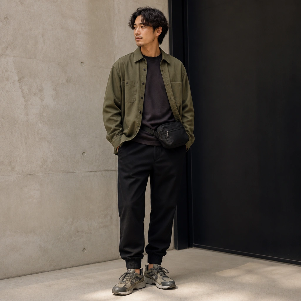 Model wears an olive overshirt open over a dark tee, black joggers with tapered cuffs, and ASICS Gel-NYC sneakers; a small black belt bag sits at the waist.