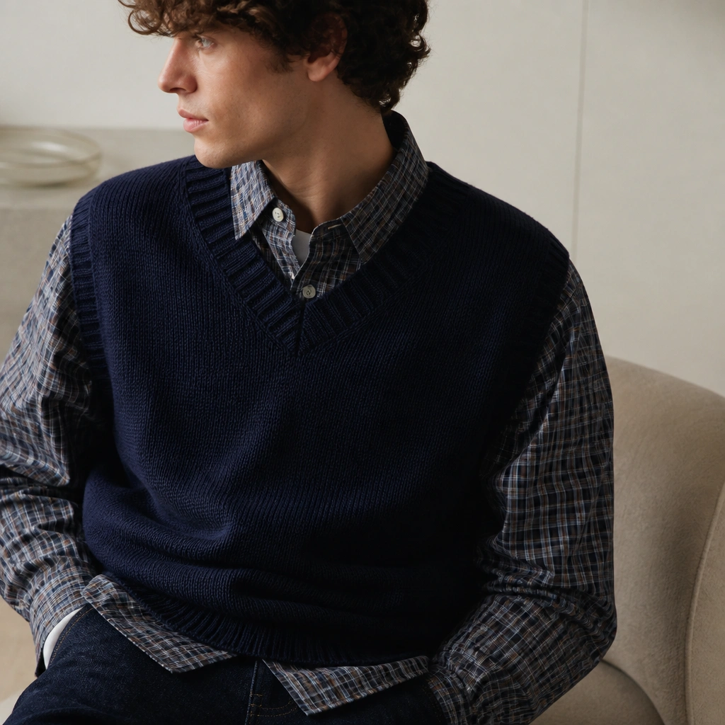 A navy sweater vest layered over a plaid button-down shirt, paired with dark jeans and ASICS Gel-NYC; the camera focuses on the neckline layering.