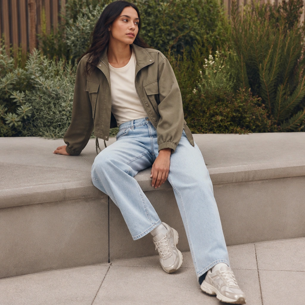 Person in a cream short-sleeve tee, light wash jeans, and a cropped olive utility jacket with ASICS Gel-NYC; the outfit is styled outdoors with soft daylight.