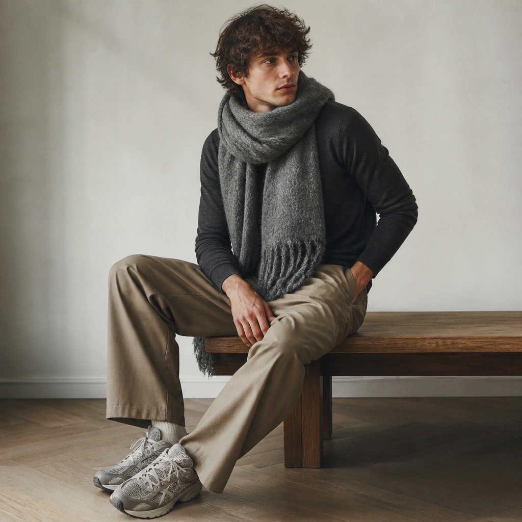 Model wears a charcoal long-sleeve top, relaxed-fit tan chinos, and ASICS Gel-NYC; a thick oversized scarf drapes around the neck.