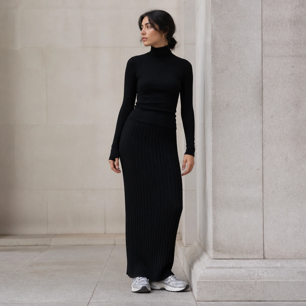 Woman wears a fitted black turtleneck, a ribbed black midi skirt, and ASICS Gel-NYC sneakers; the photo shows the skirt hem grazing the tops of the shoes.