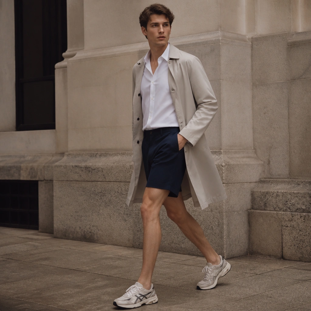 Model in a crisp white button-down tucked into navy shorts, wearing ASICS Gel-NYC; a light overcoat is open like a layer for evening.