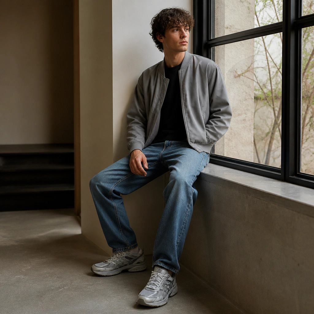 Person wears a gray bomber jacket, black crew tee, straight blue jeans, and ASICS Gel-NYC; the bomber rib cuffs are clearly visible.