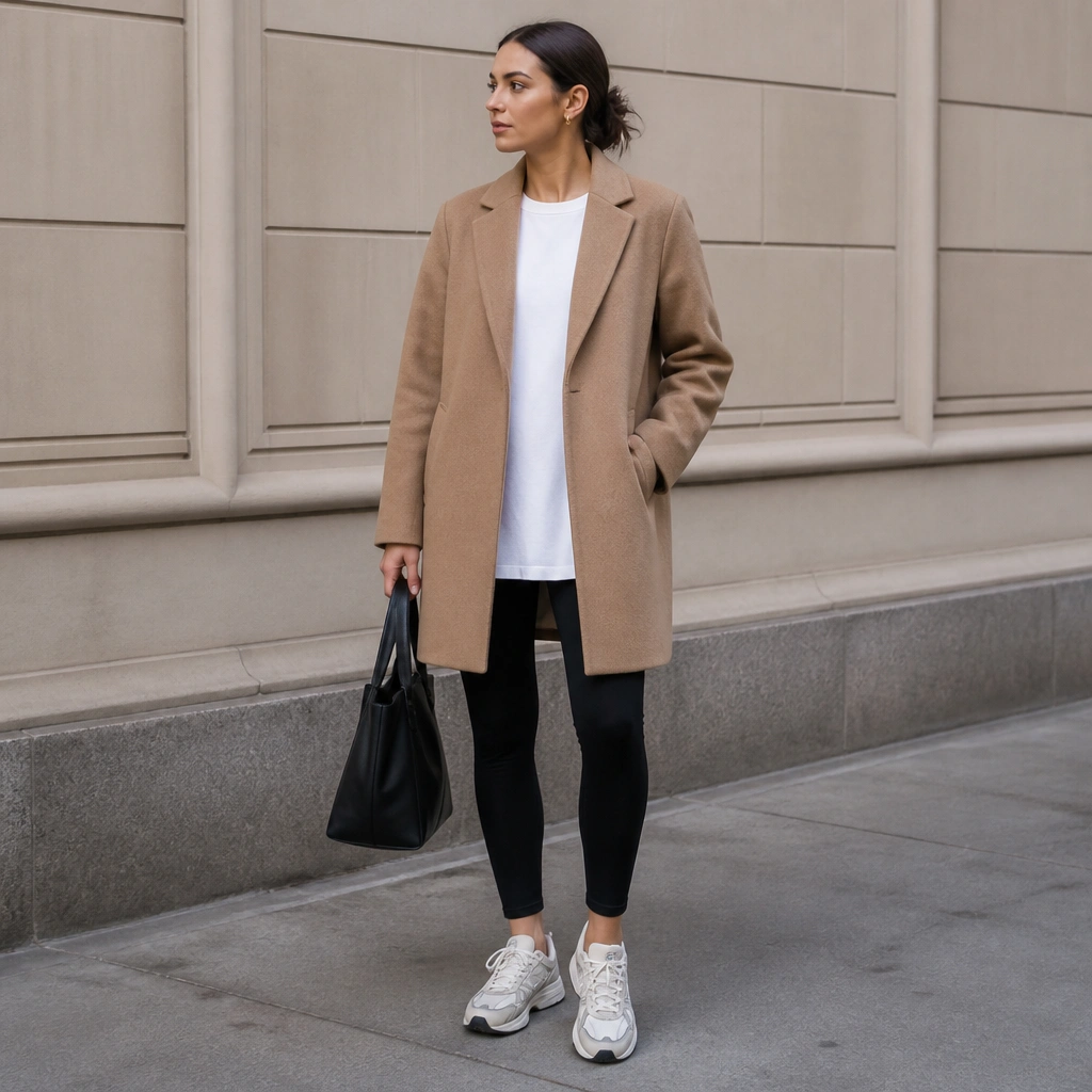 Woman wears a camel overcoat over a longline tee, black leggings, and ASICS Gel-NYC; the overcoat hem falls around mid-thigh.