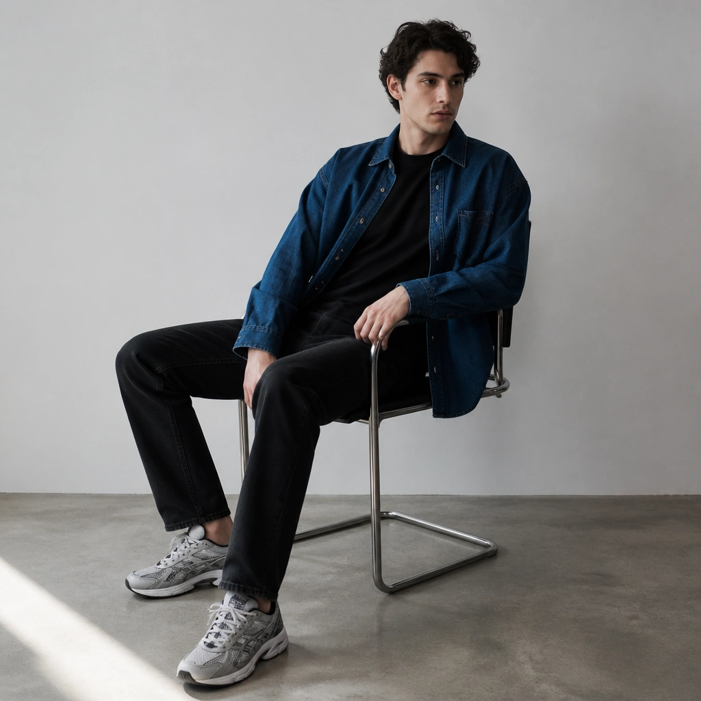 Model wears a blue denim overshirt over a black tee, black denim jeans, and ASICS Gel-NYC; the texture contrast between denim layers is visible.