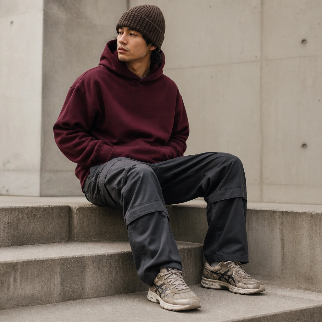 Model wears a burgundy hoodie, charcoal cargo pants with visible pockets, and ASICS Gel-NYC; a warm knit beanie tops the look.