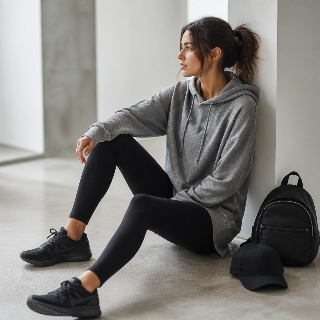 All-black athleisure: black ASICS sneakers paired with fitted black leggings and a longline gray hooded sweatshirt; a black baseball cap and small backpack sit on the side.