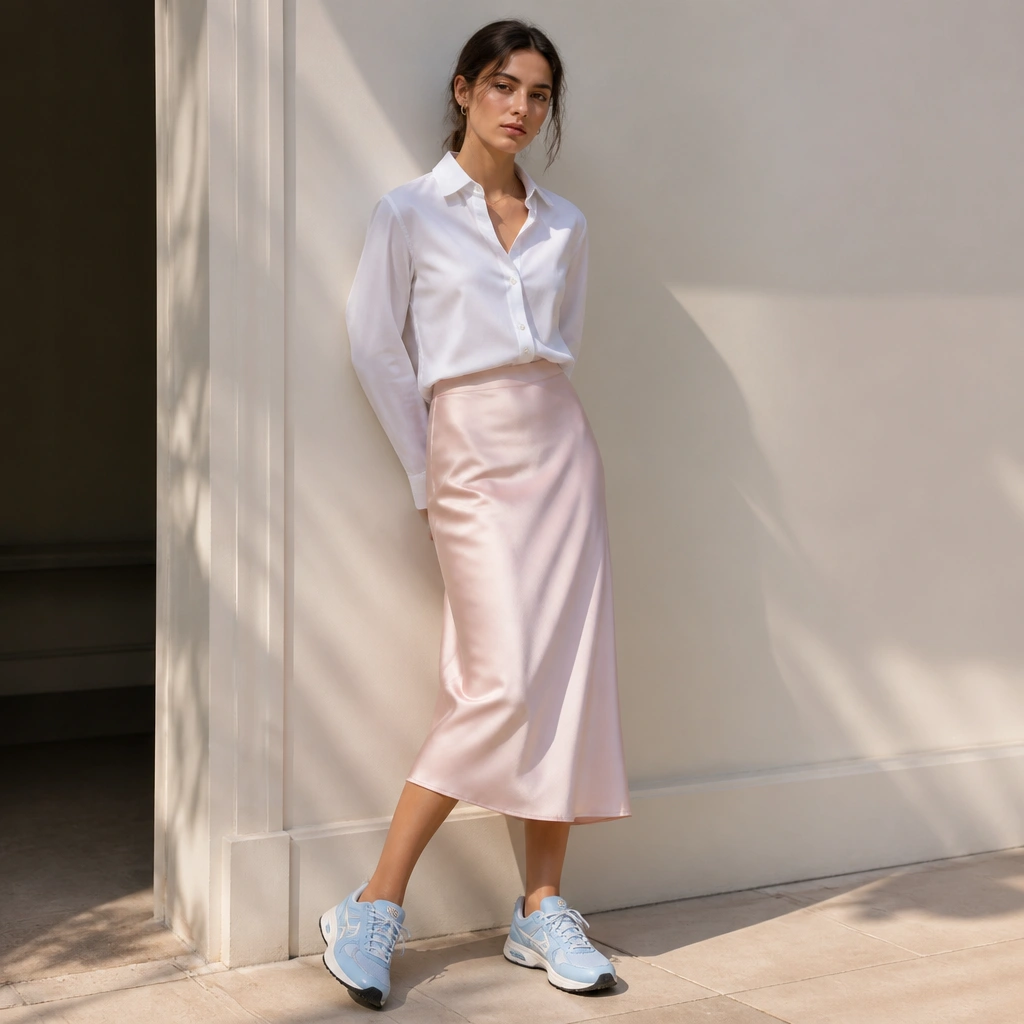 A white poplin button-up tucked into a pale blush midi slip skirt, with sky-blue ASICS sneakers; sunlight highlights the soft skirt sheen and the crisp shirt collar.