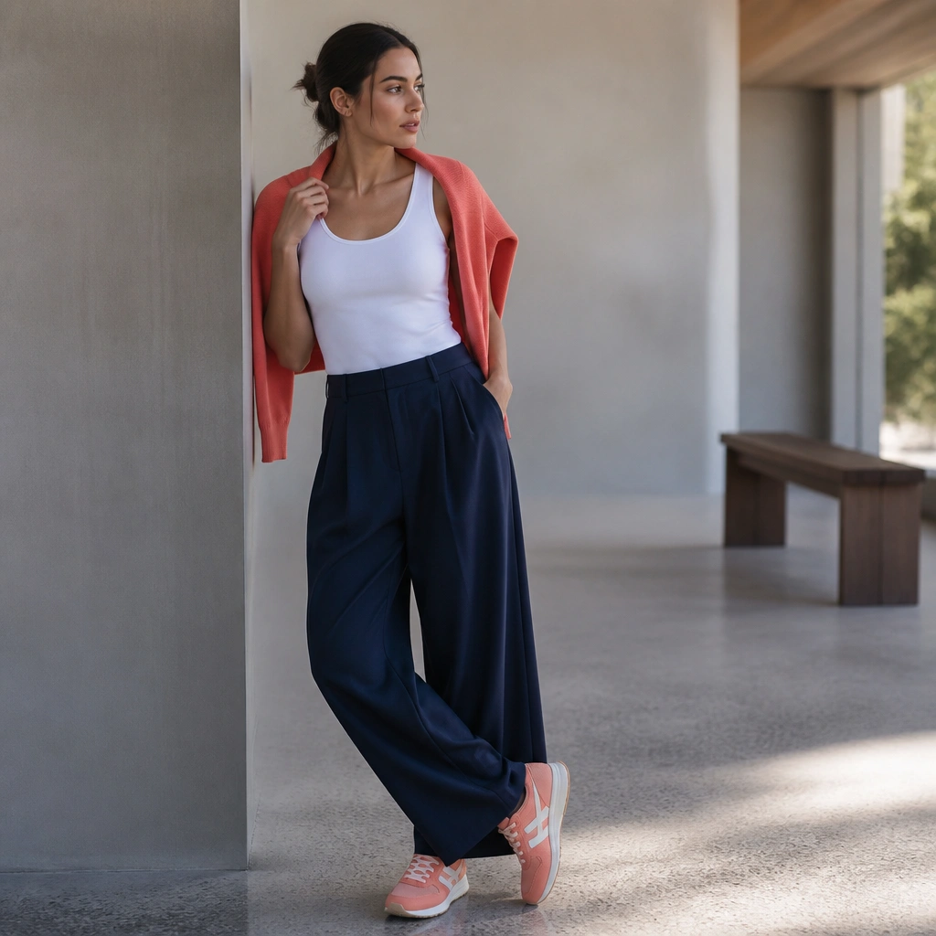 Coral-toned ASICS sneakers with navy wide-leg trousers and a fitted white tank; a lightweight cardigan drapes over the shoulders.