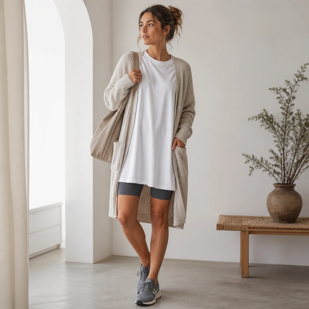 A casual tee dress layered over charcoal bike shorts with gray ASICS sneakers; the look includes a long cardigan and a tote bag.