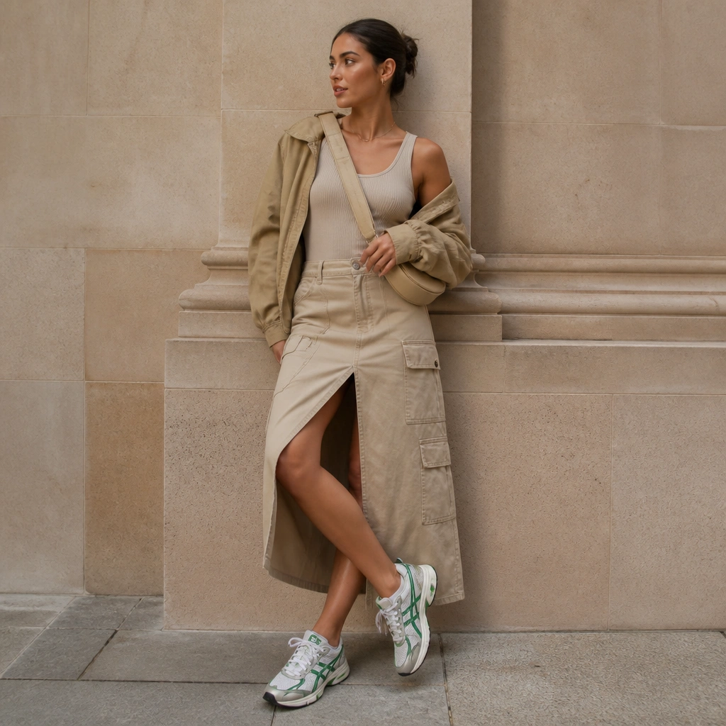 Green-and-white ASICS sneakers worn with a beige utility cargo skirt and a fitted ribbed bodysuit; a tan jacket and crossbody bag finish the outfit.